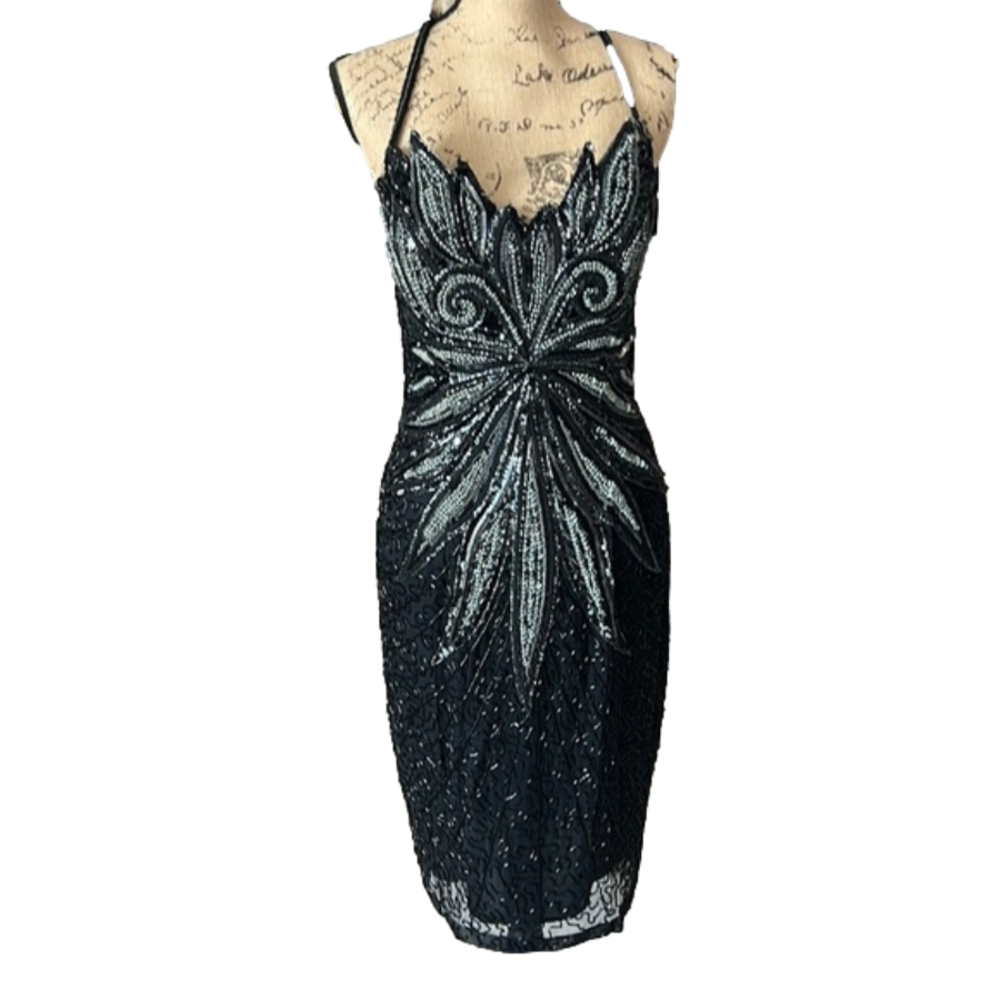 Black & Silver Beaded Special Occasion Dress “x” Back Straps Excellent Size 6